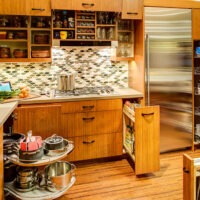 Light Brown Traditional Kitchen Cabinets with Black Handles