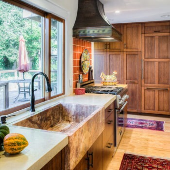 Light Brown Kitchen Cabinets and Farmhouse Style Sink